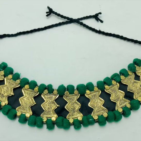 Green Vintage Choker Necklace, Handmade Afghan Metal Choker Tribal Green Choker - Picture 3 of 12